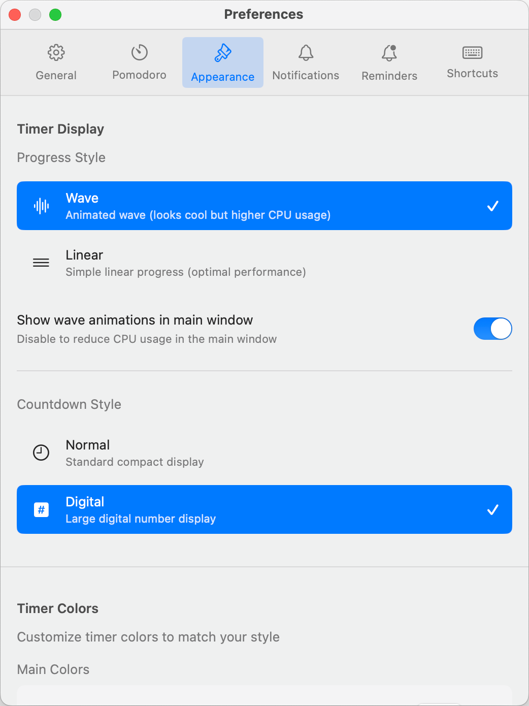 FocusMode appearance customization with theme and color options