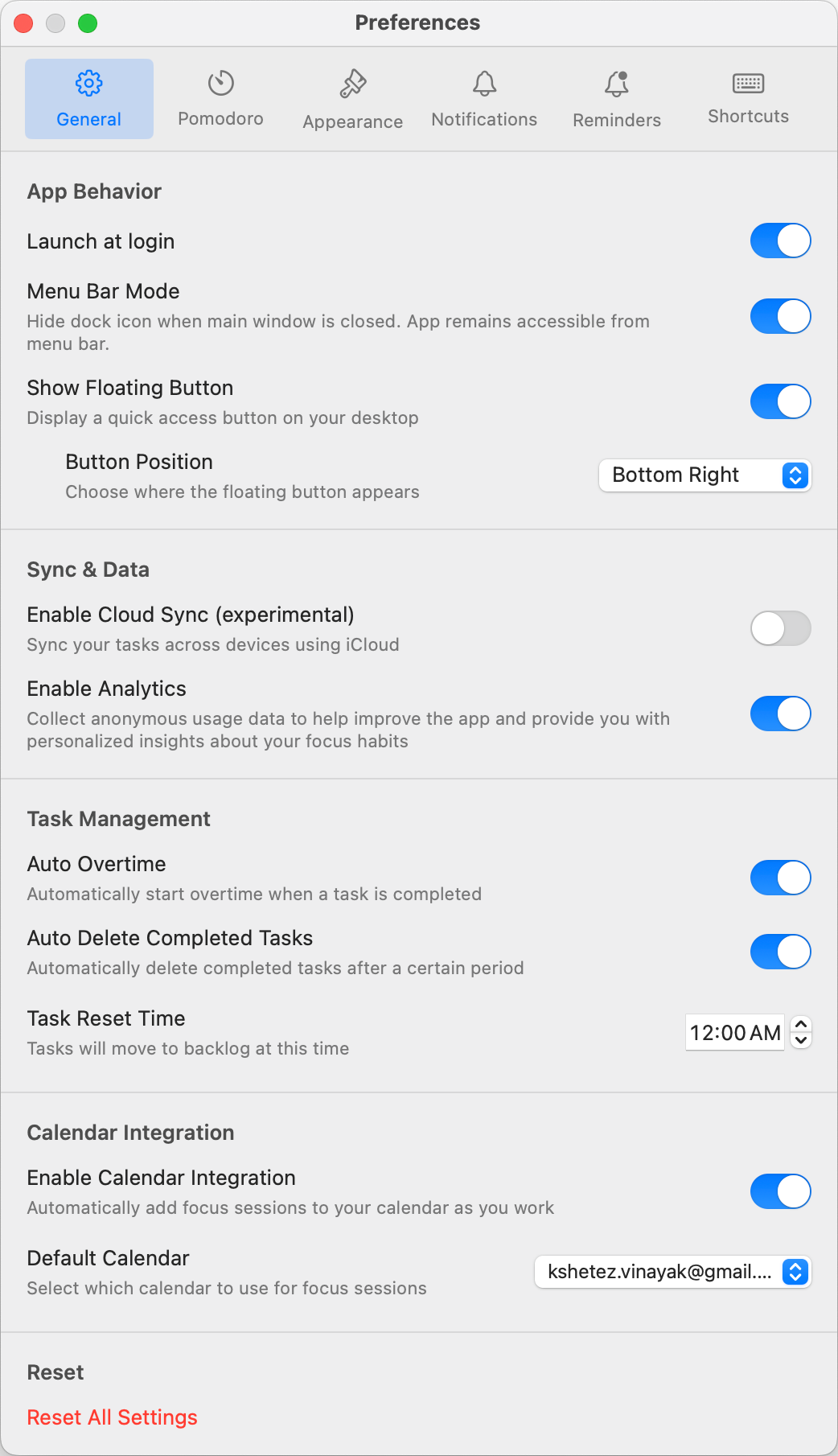 General settings and preferences panel for FocusMode customization
