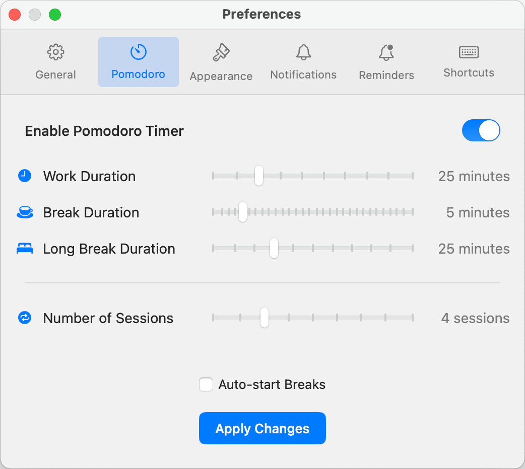 Customize your Pomodoro break/work durations