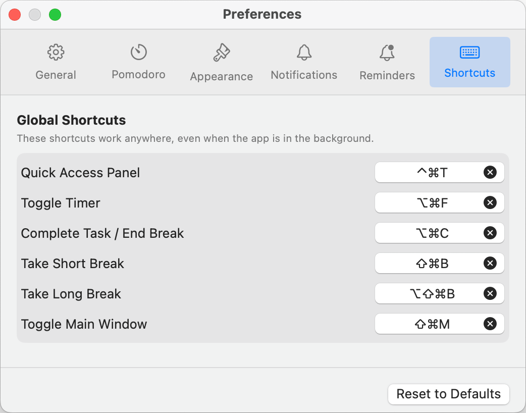 FocusMode keyboard shortcuts customization settings panel
