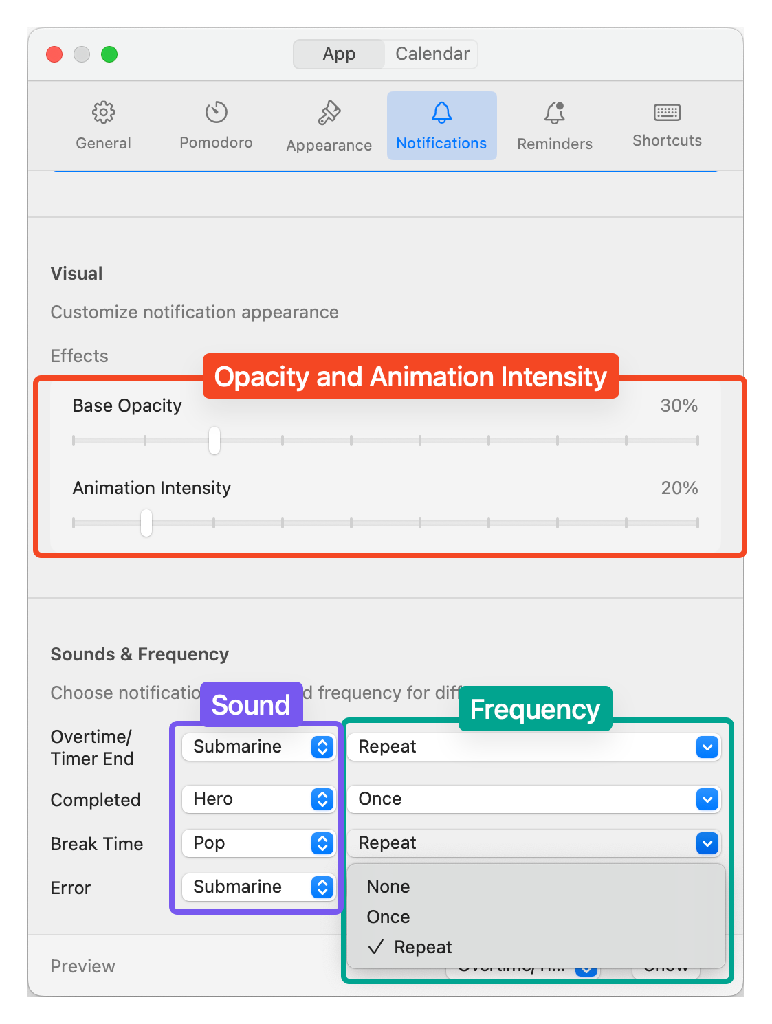 Customize Sound, Frequency, and Opacity